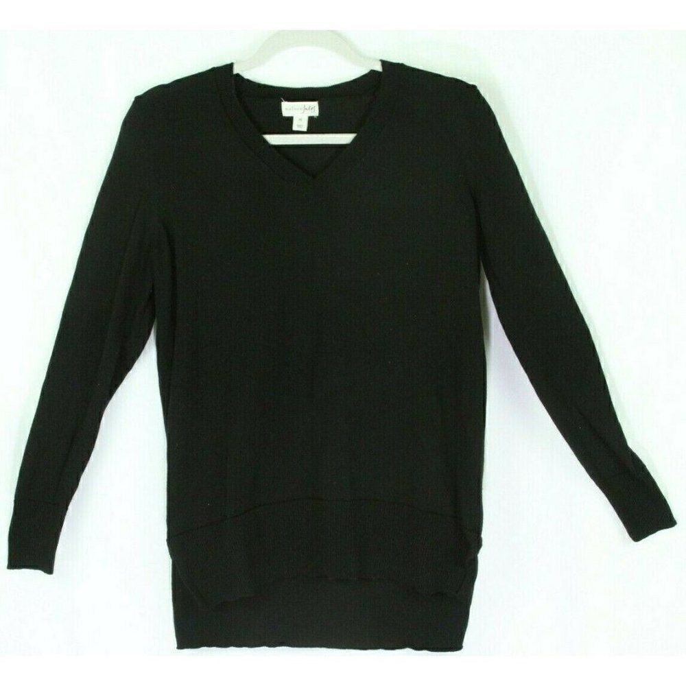Maison Jules Cotton Sweater XS Black Womens Tunic Long Sleeve V Neck Pullover